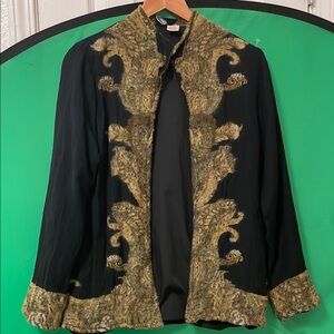 Luxurious Black and Gold ANU 100% Wool Black With Tapestry Trim Cardigan. SZ S.